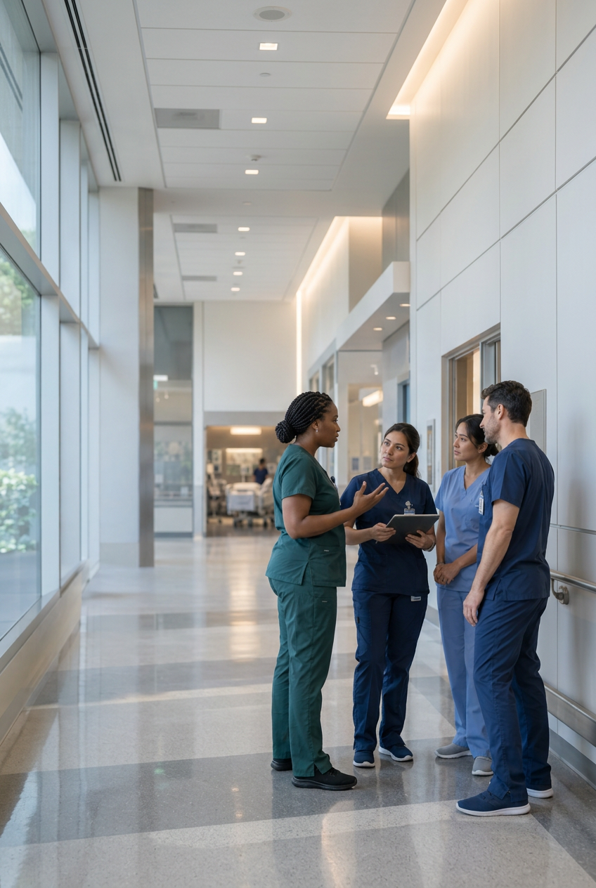 A diverse team of nurses discussing patient-care priorities in a modern hospital corridor